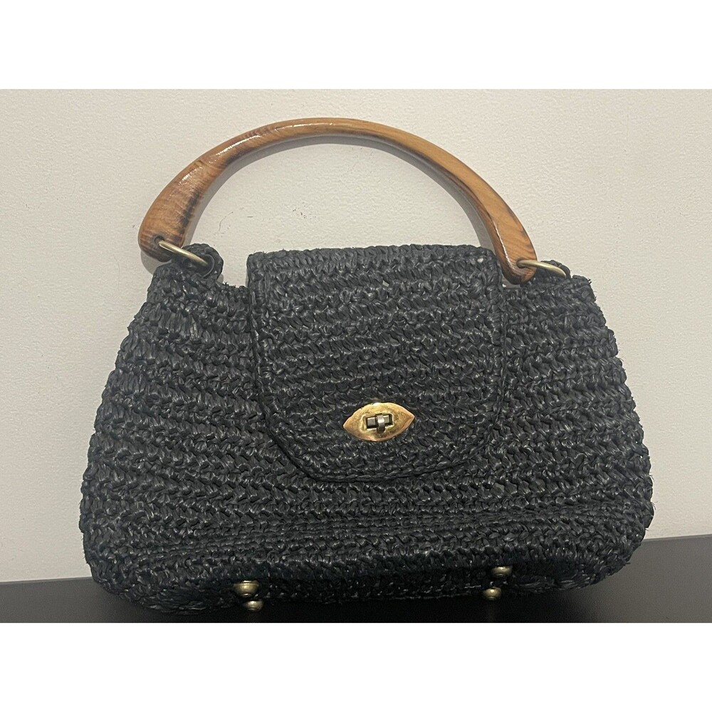 Vtg 50 60's Japan VELVET WOVEN Handbag Purse Wood Handle Satchel